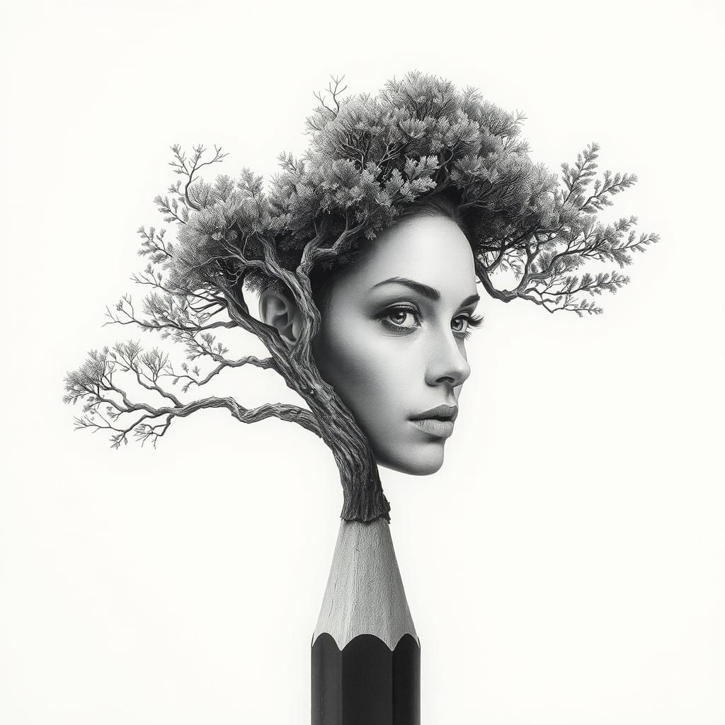 Surreal Tree Transforms Into Pencil Drawing Portrait