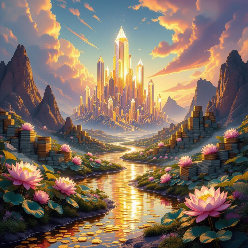 Ethereal Gold Rivers Through Banknote Valleys, Crystal Tower...