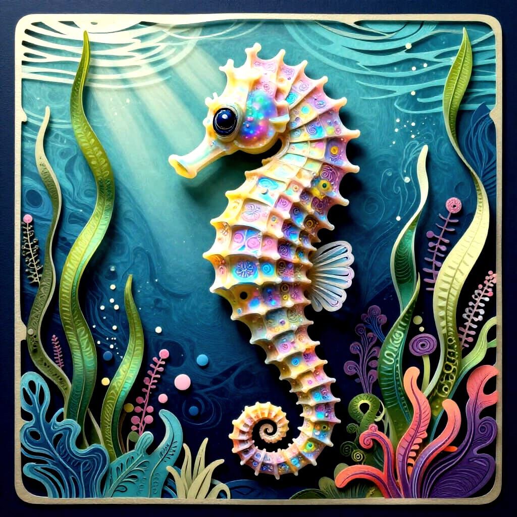 Opalescent Seahorse in Kelp Forest: Art Nouveau Masterpiece