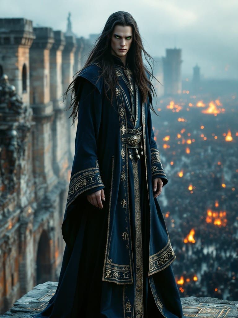 Elegant Magician Stands Tall Against Dark Forces