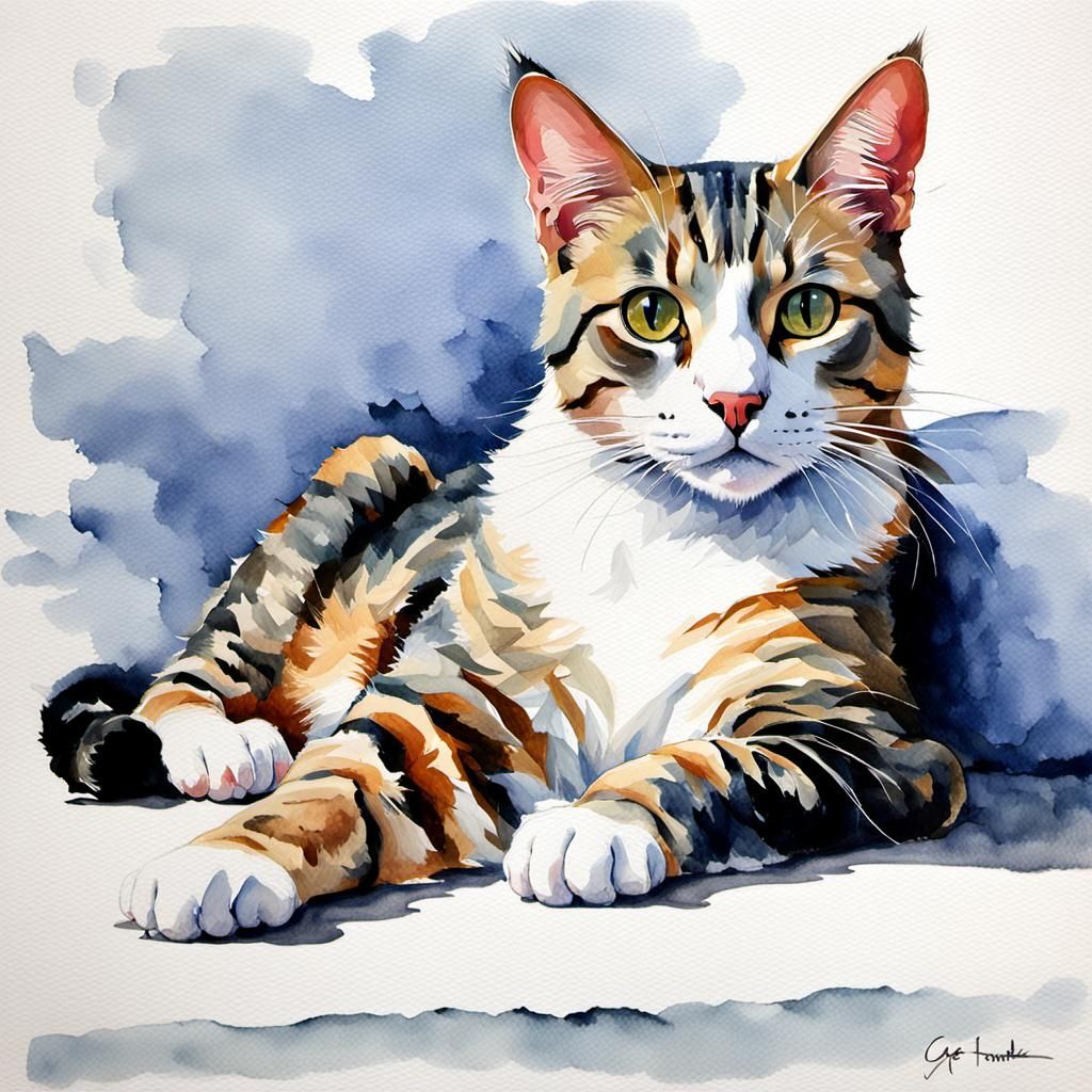 Watercolor Painting of a Cat in Elegant Pose