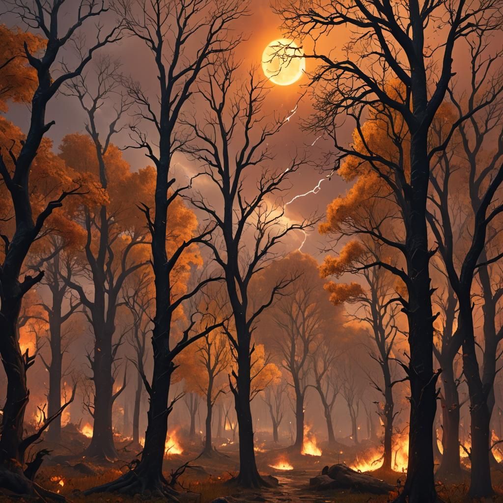 Fiery Autumn Landscape with Foxes in Fantasy Art Style