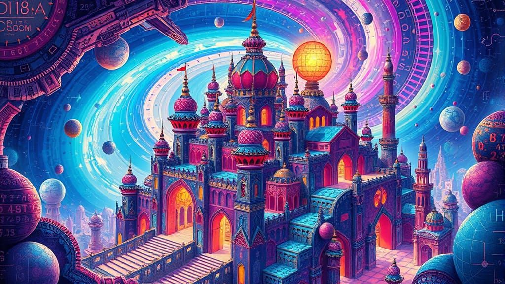 Citascape composed of variously sized and colored mathematical formulas and calculations, intricate