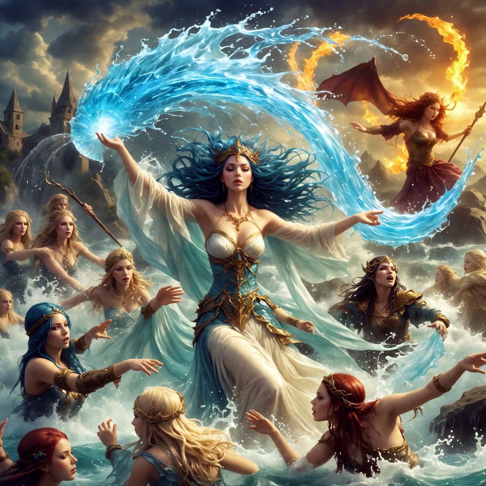 Water Sorceress Creates Forcefield in Symbolist Style