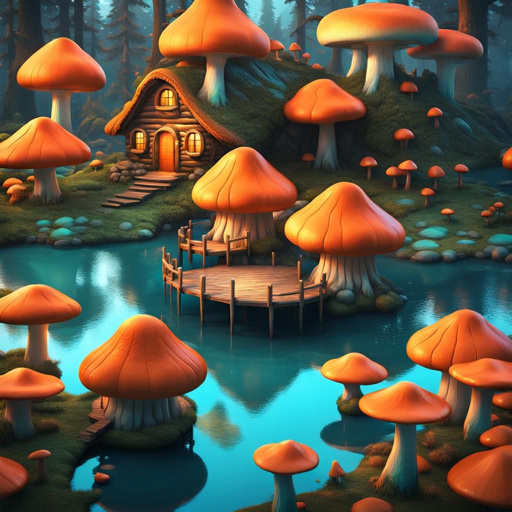 Fantasy Mushroom Cabin by Lake: Concept Art