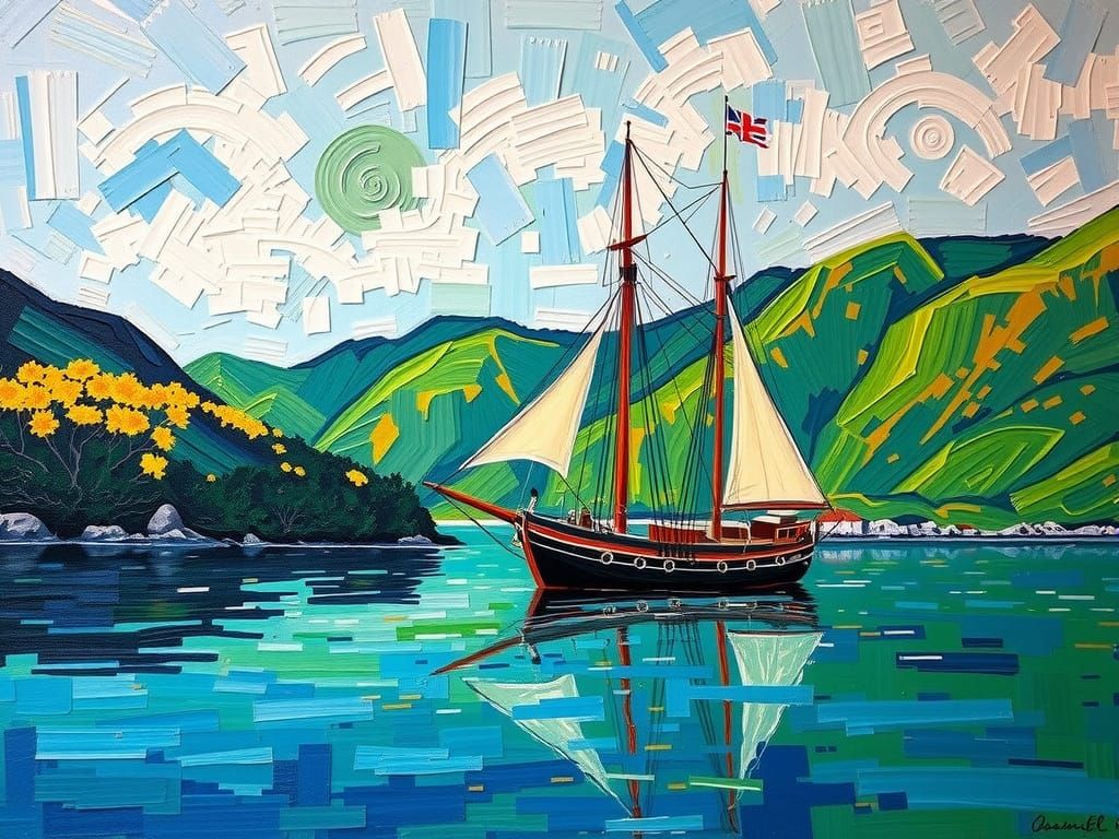 Impasto Oil Painting of a Sailship in a Serene Bay