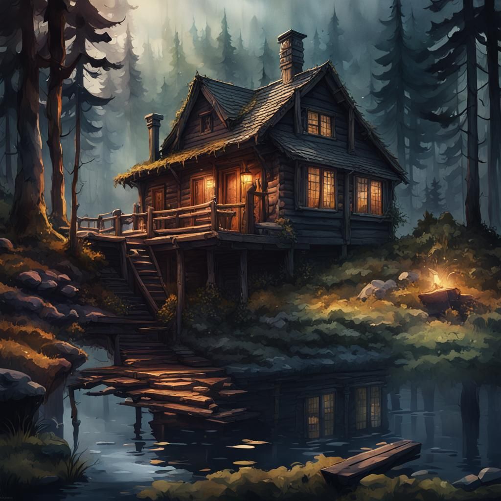 Moody Lake Cabin in Woods Watercolor Painting