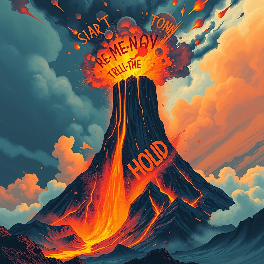 Volcanic Eruption with Onomatopoeia, in Surreal Style