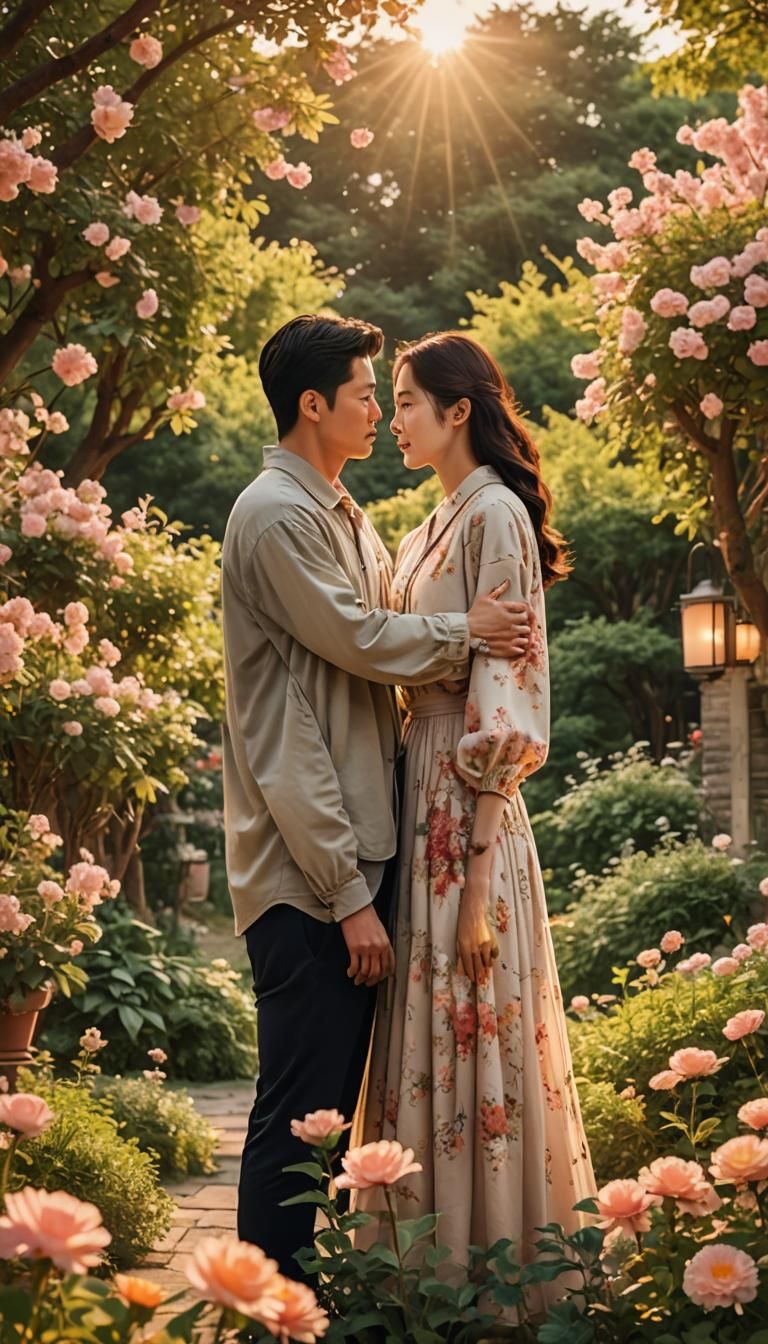 Romantic K-Drama Couple in Sunset Garden