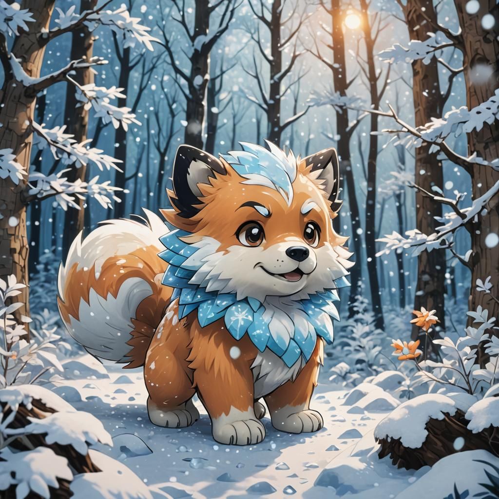 Chibi Growlithe in Snowy Forest, Anime Art