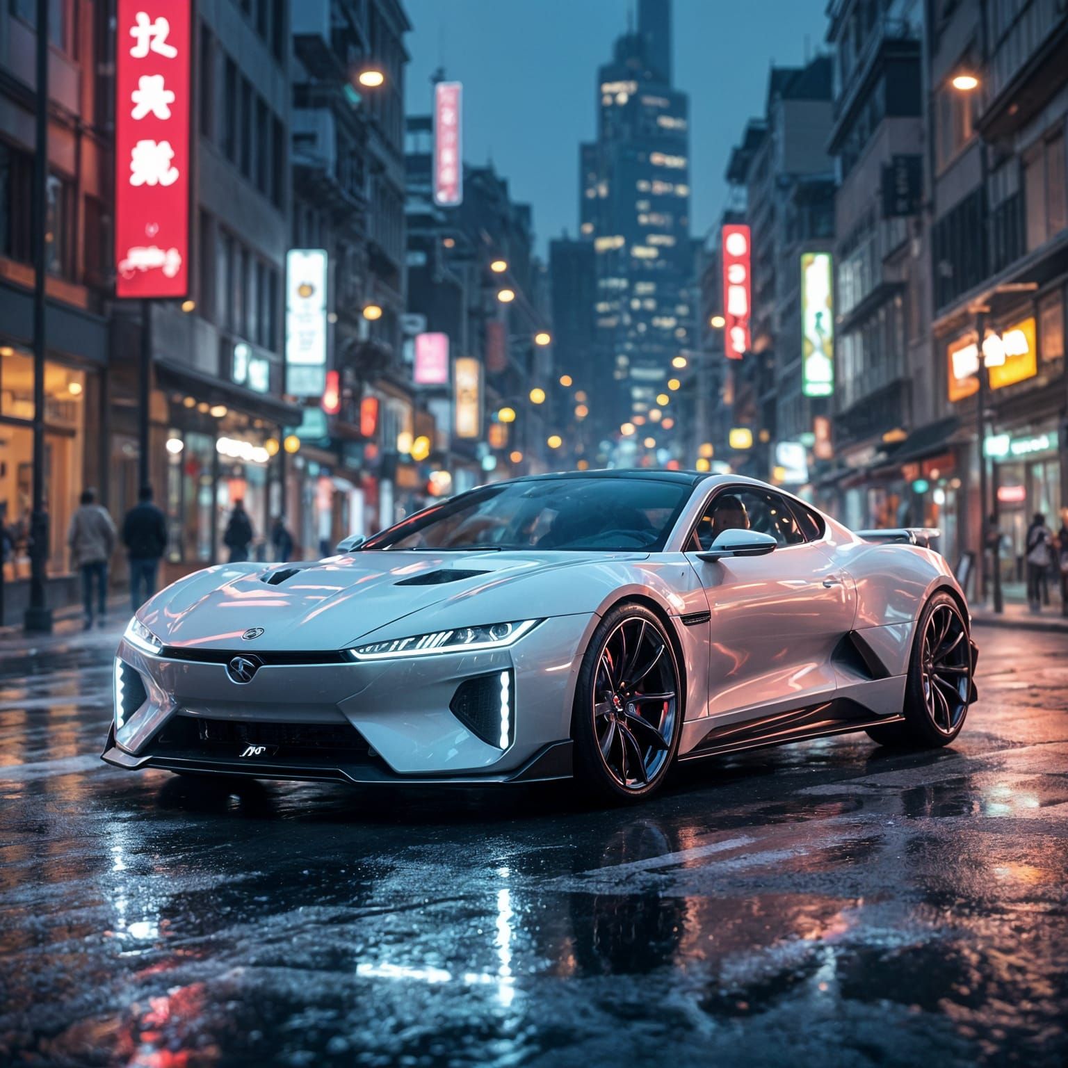 Neon Sports Car on Wet City Street: Photorealistic 8K