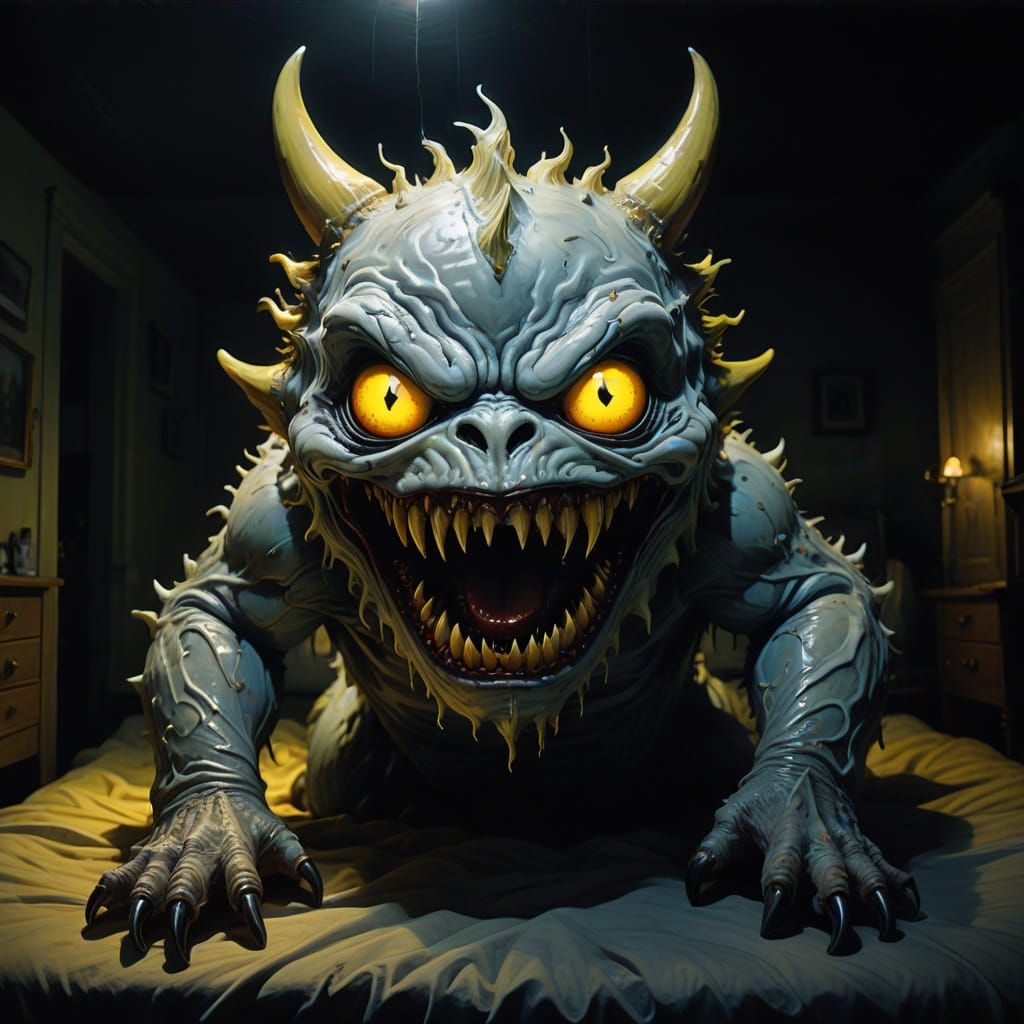 Surreal Monster Emerges from Shadows in Vibrant Oil Painting