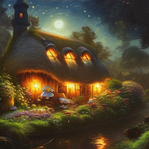 Fairycore Mushroom Cottage Under Starry Night