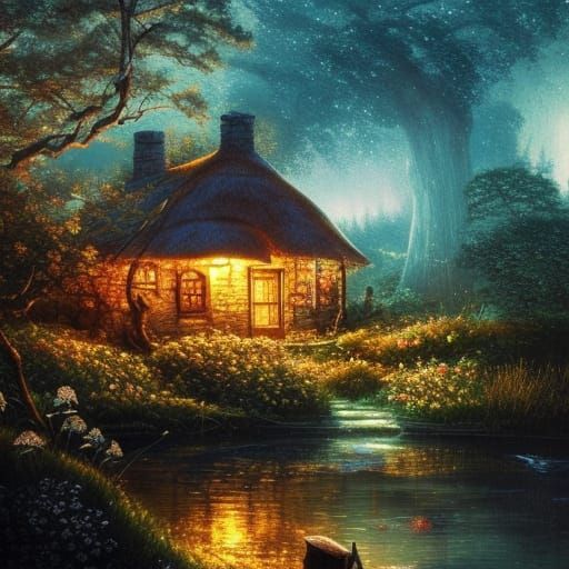 Cottagecore Fairycore Mushroom Cottage Under Starry Night