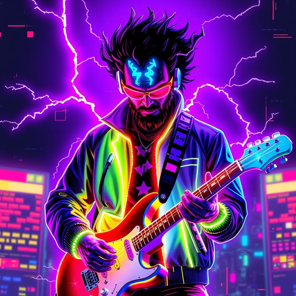 The Glitch God of The Internet, lighting leaps from his fore...