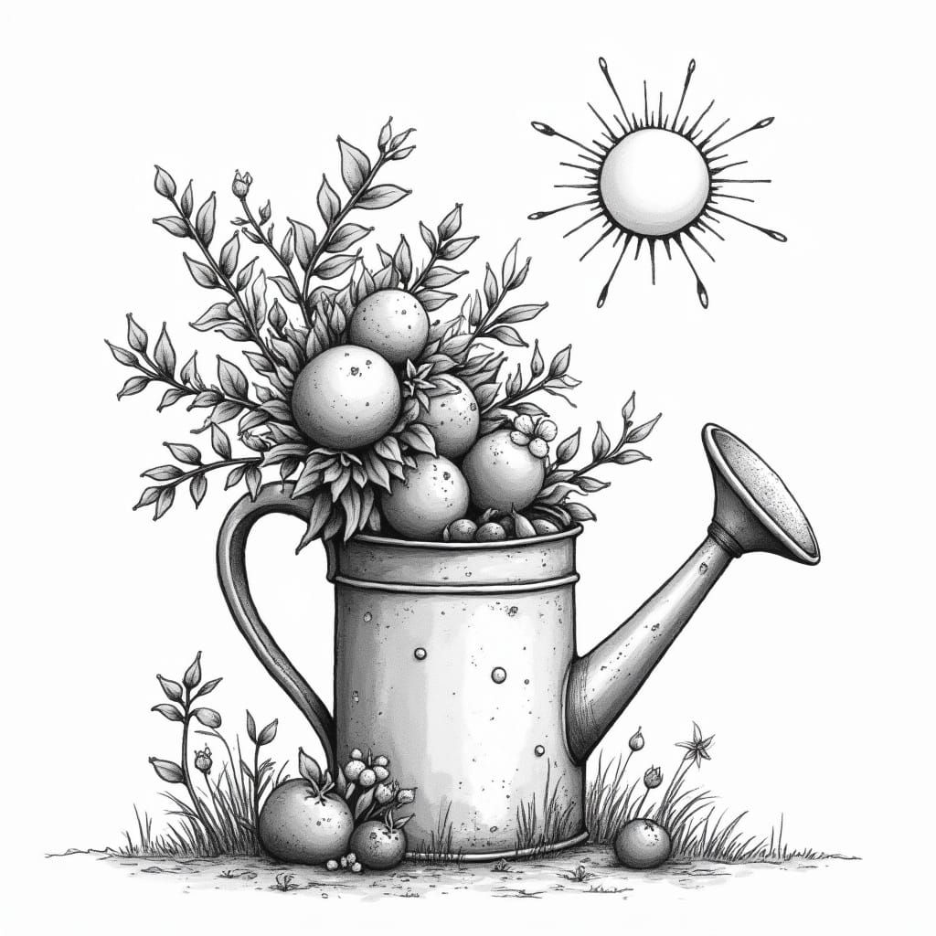 Whimsical Hand-Drawn Watering Can in Black and White