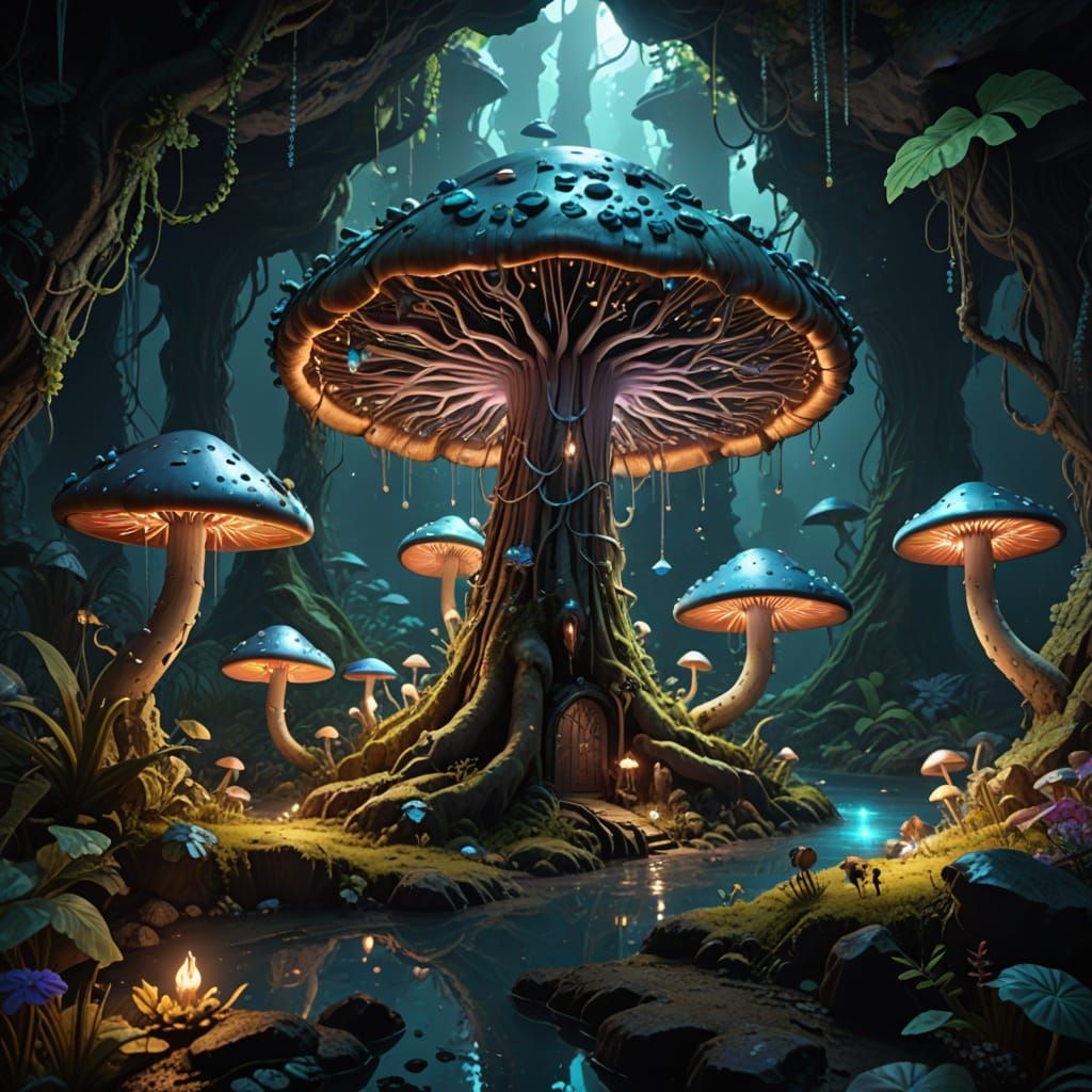 Glowing Grotto with Bioluminescent Mushroom and Fantastical ...