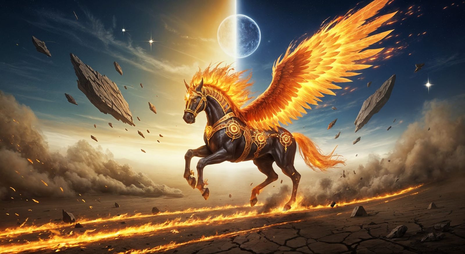 Cosmic War Horse Galloping Through Shattered World