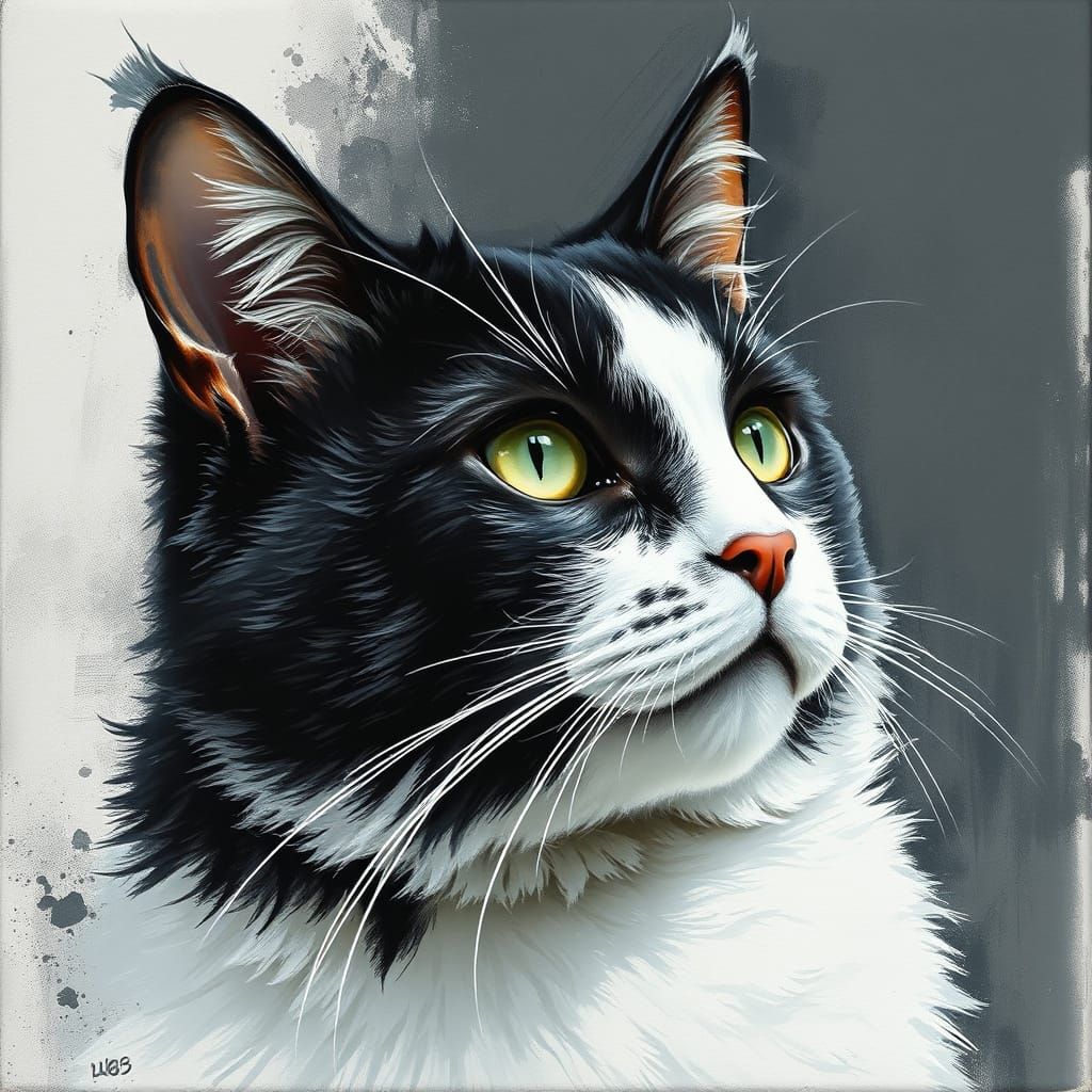 Black and White Cat Hugs Girl: Impressionist Charcoal Drawin...