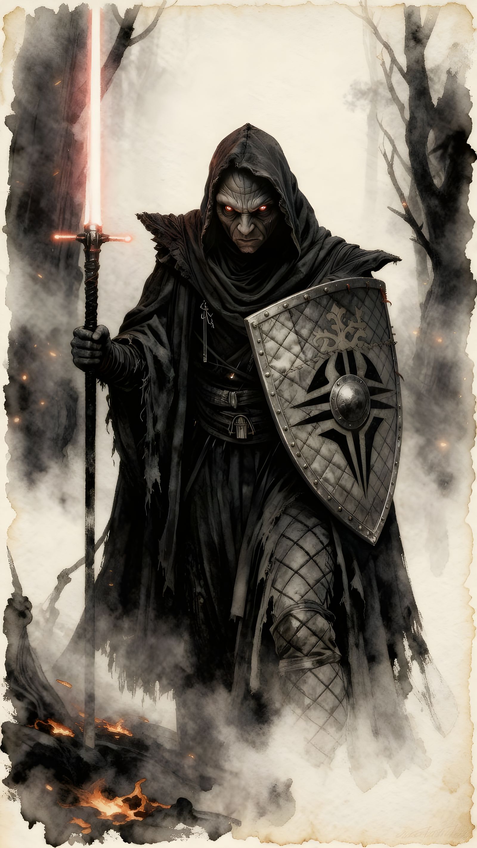 Insecure Sith Warrior with Lightsaber Spear and Shield