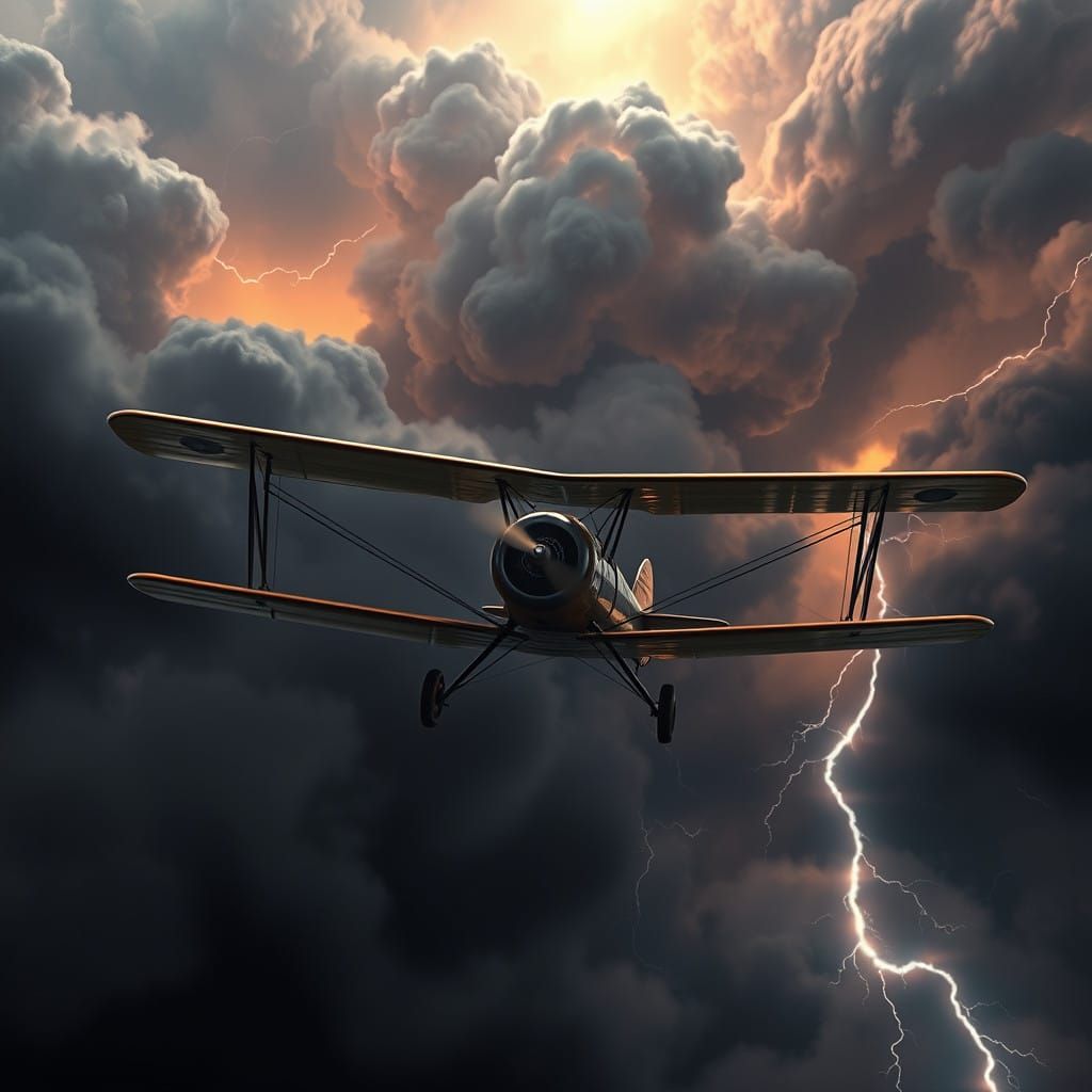 Vintage De Havilland Cirrus Moth Biplane Amidst Lightning St...