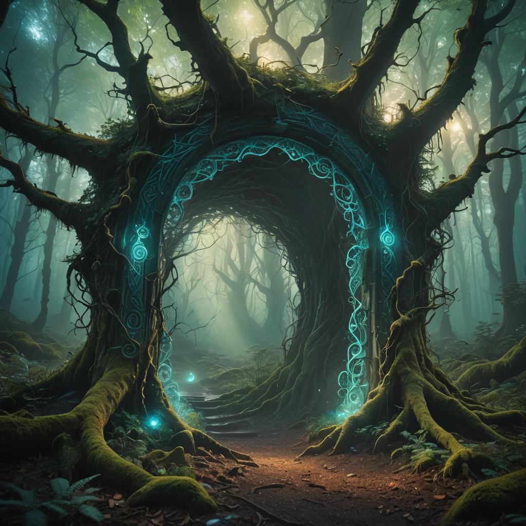 Glowing Portal in Mystical Forest: Surreal Dreamscape