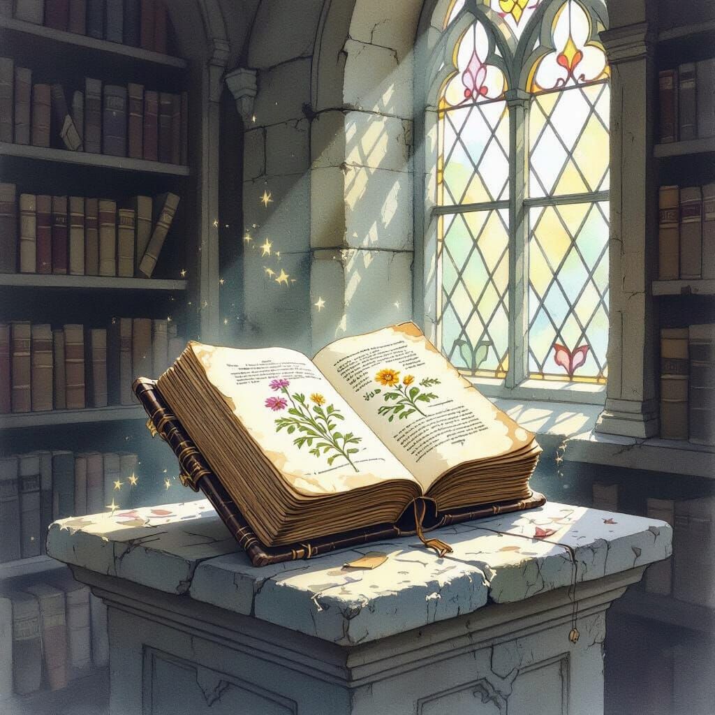 Botanical Grimoire in Forgotten Library, Watercolor Style