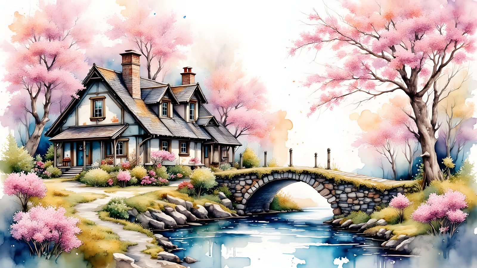 Cottage by Stream with Cherry Blossoms in Watercolor
