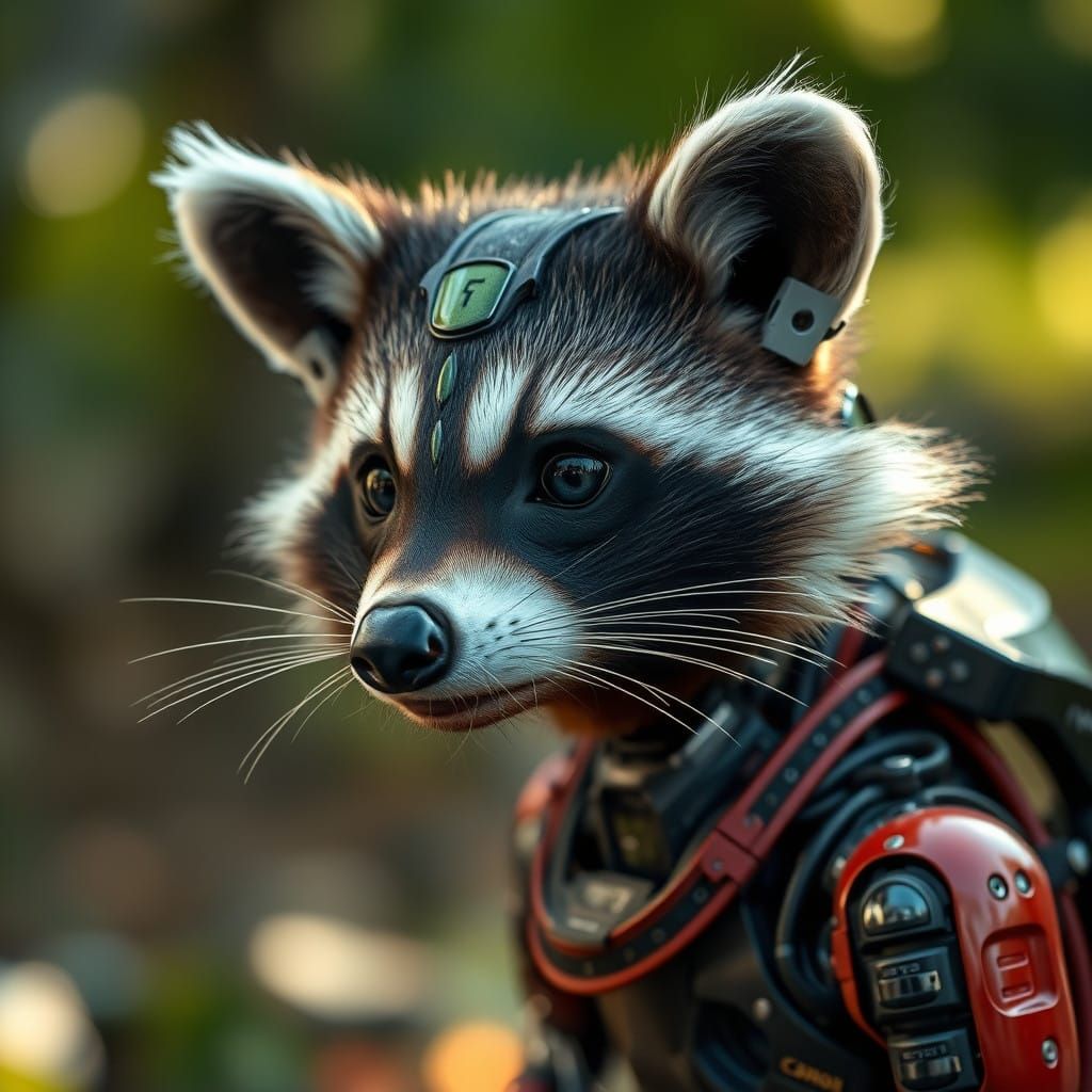Cyborg Raccoon Alien in Futuristic Landscape