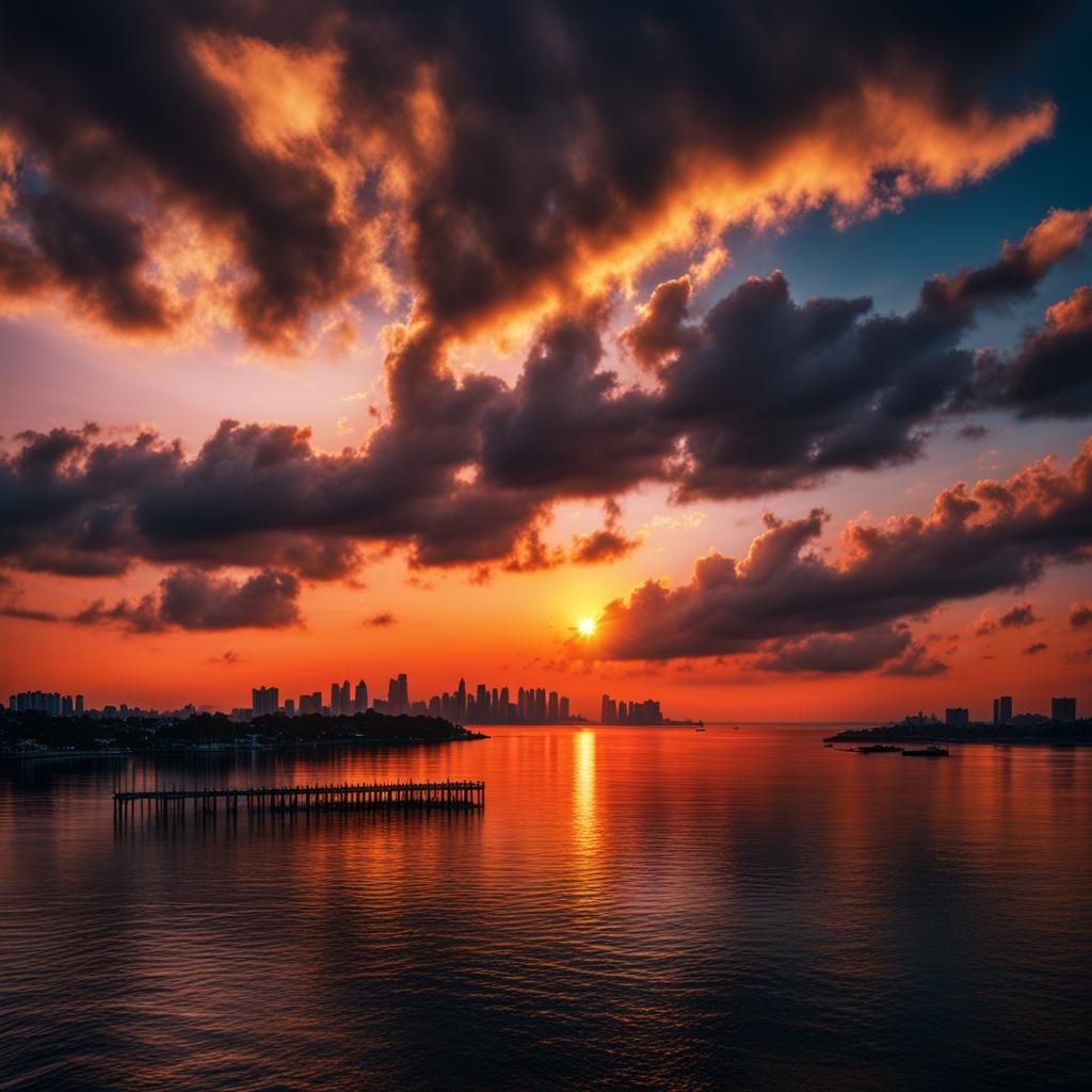 Hyperrealistic Sunset Over Vice City Bay in HDR