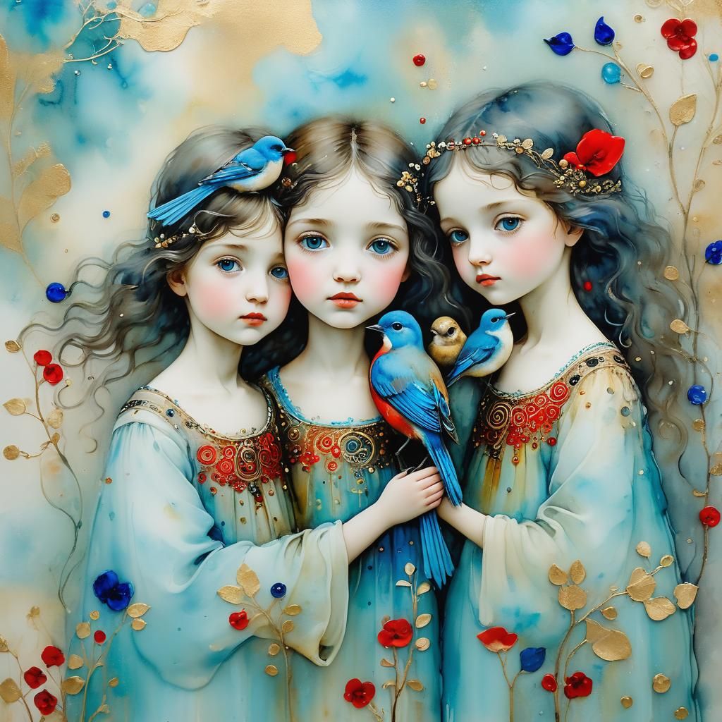 Encaustic Painting of Girls with Bluebirds