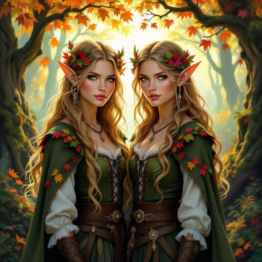 Autumn Elf Twins in Enchanted Forest
