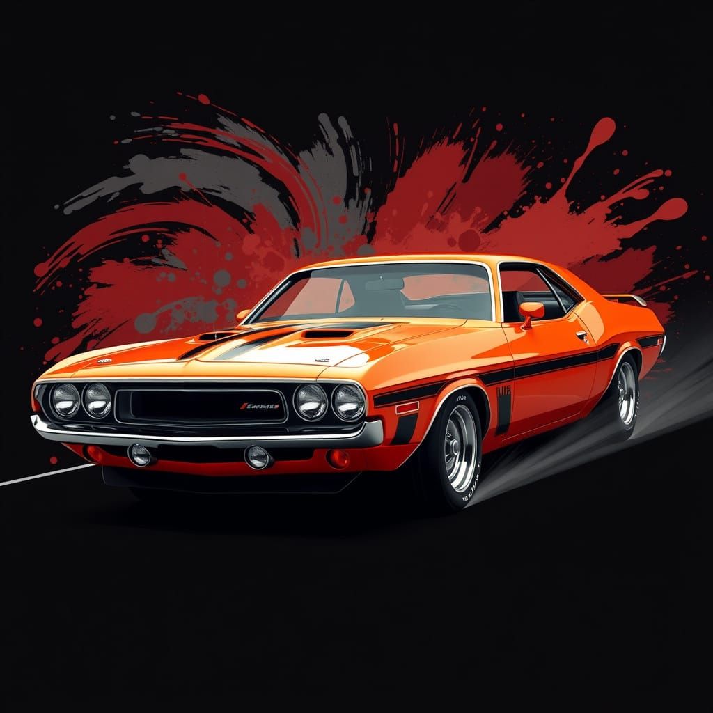 Vintage Orange Muscle Car Speeds Through Abstract Backdrop