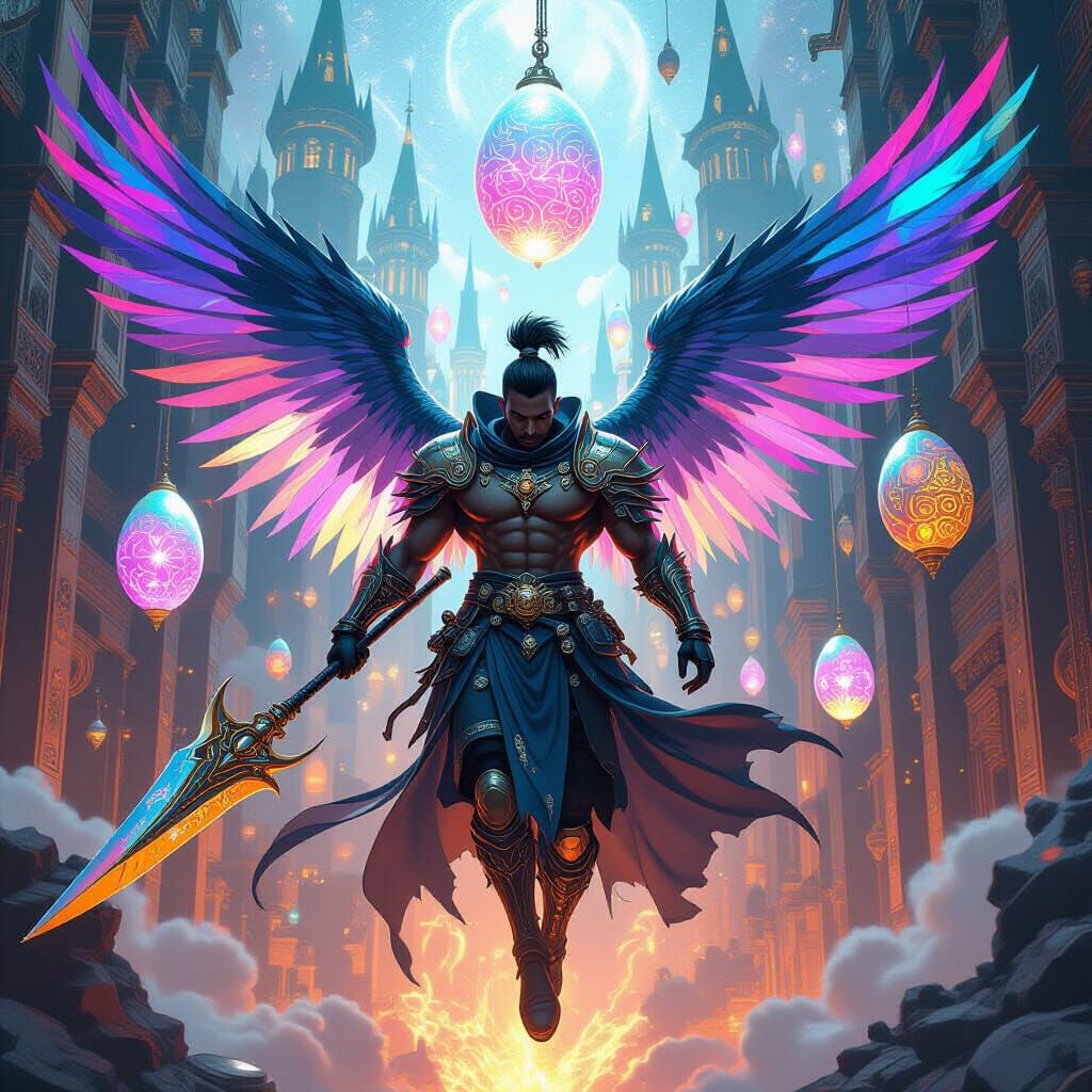 Winged Warrior Soaring Through Iridescent Castle