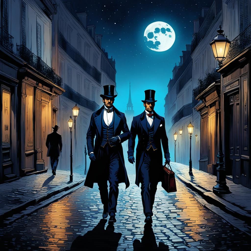 Gentleman and Friend Stroll a Moonlit Street