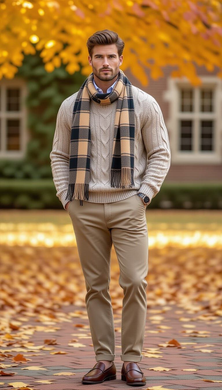 Autumn Prep Style Model in University Courtyard