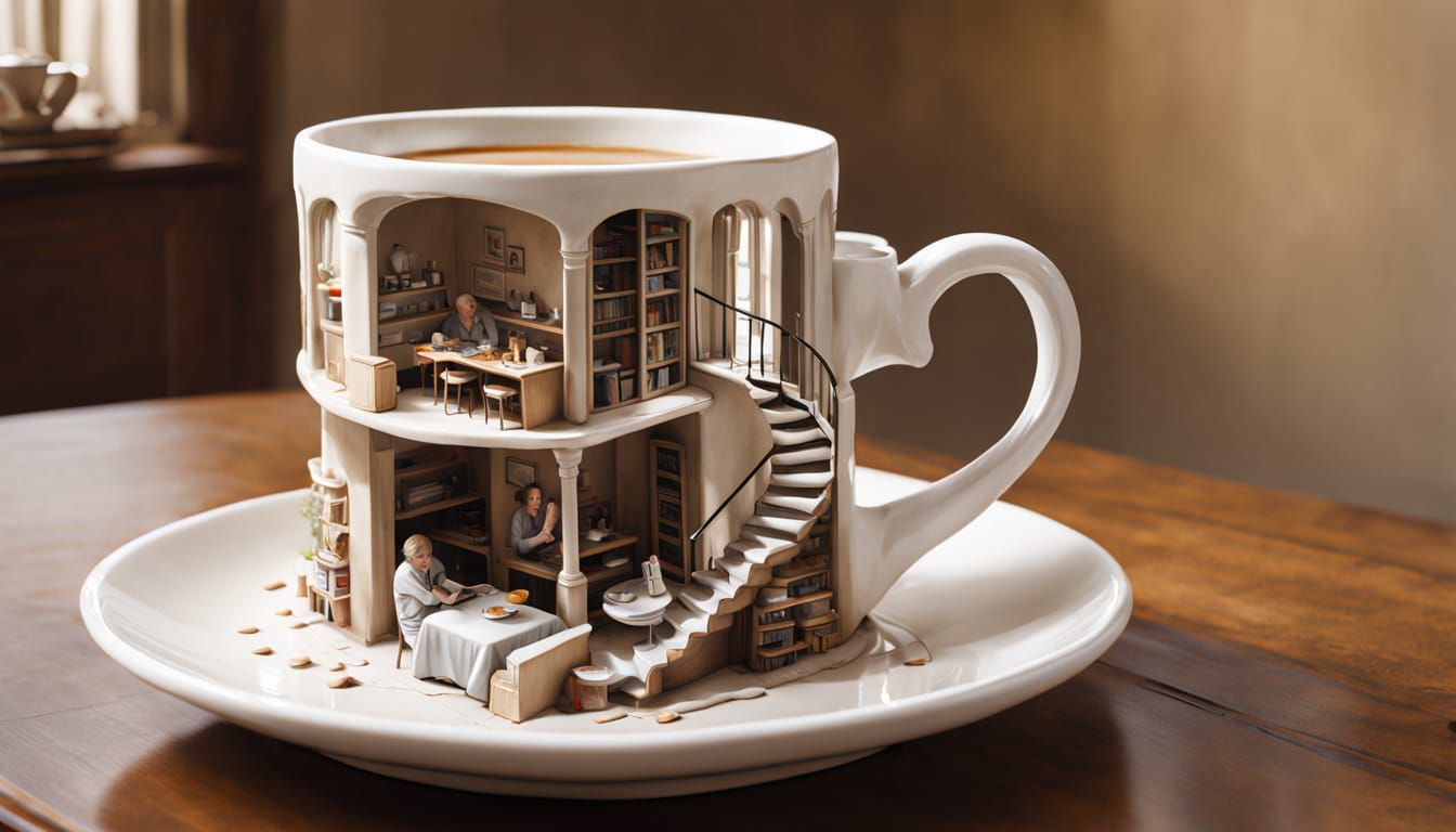 Surreal Coffee Cup: Trompe-l'oeil Oil Painting
