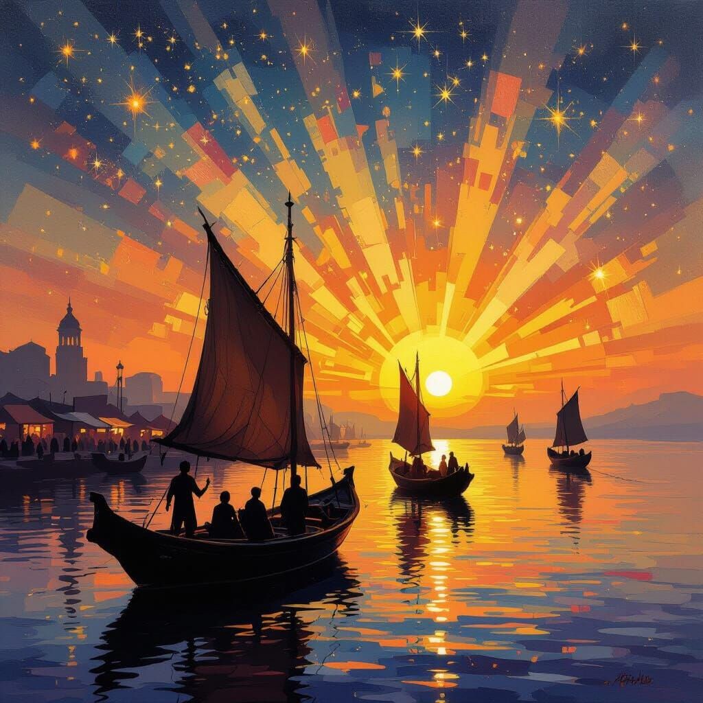 Dawn Over Water: Silk Boats in Abstract Style