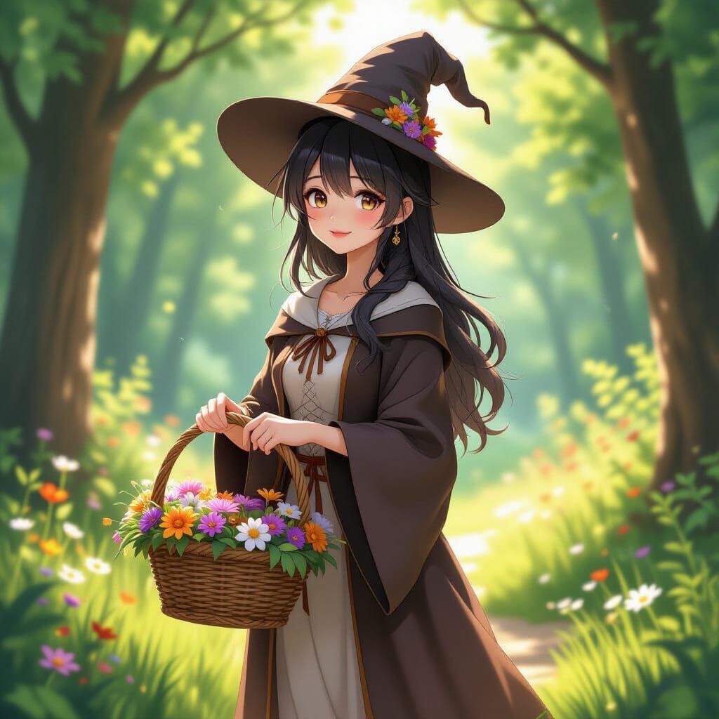Kind Witch in Sunlit Forest Clearing Anime Art