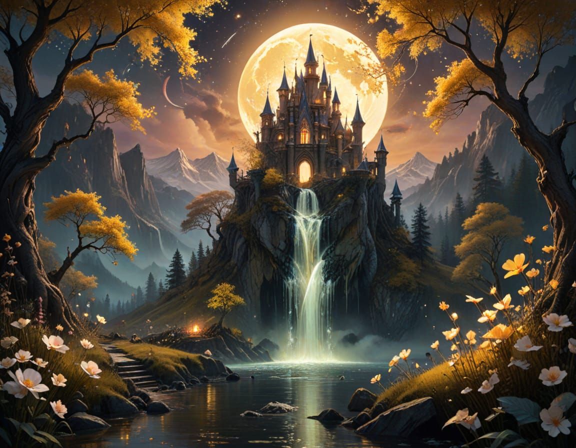 Magical Fairytale Castle Under Ethereal Full Moon