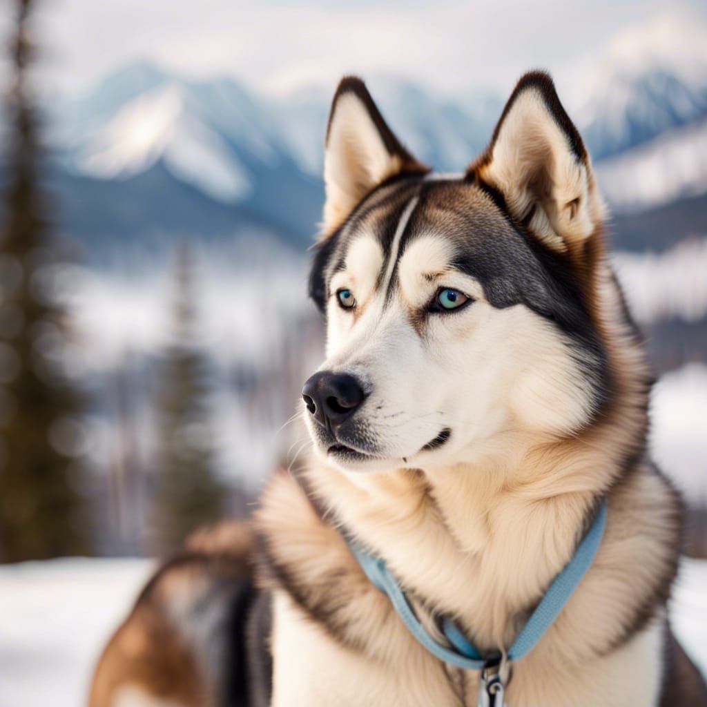 Alaskan Husky Portrait in Winter Landscape