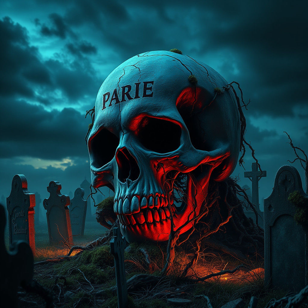 Eerie Graveyard Scene with Ancient Skull