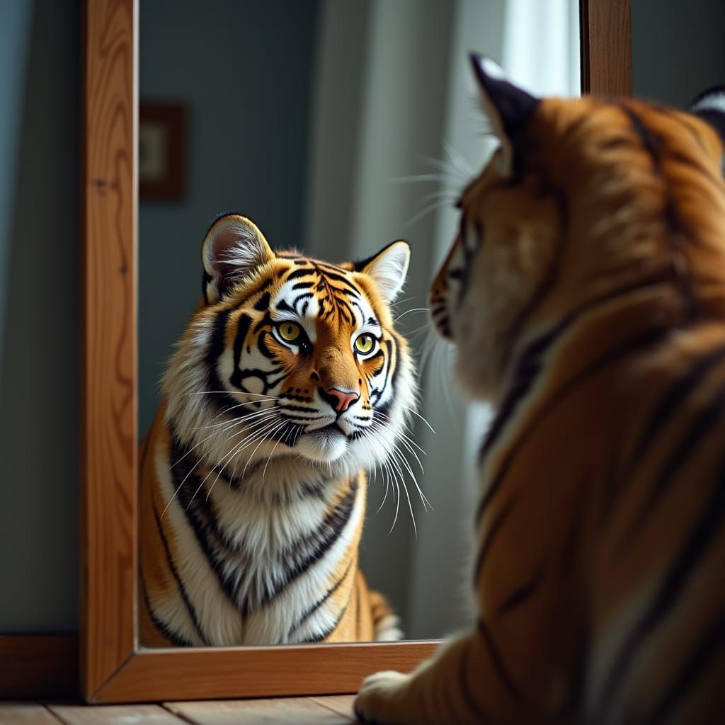 Cat Sees Itself as Tiger in Mirror