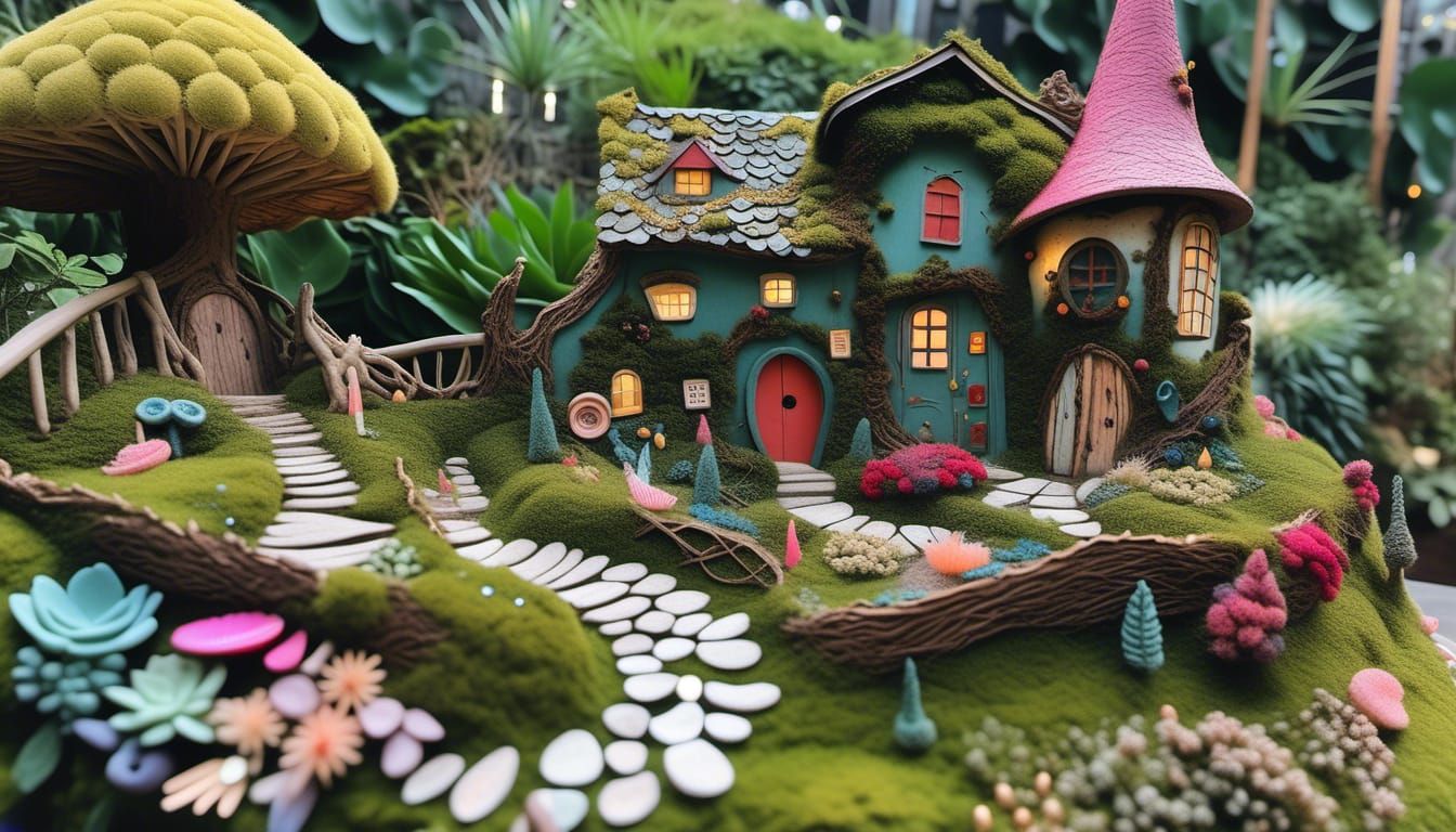 Enchanted Fairy Garden with Tea Party, Collage Art