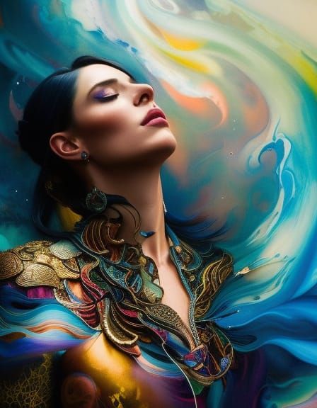 Beautiful Woman with Rainbow Ink Flow in Gouache Style