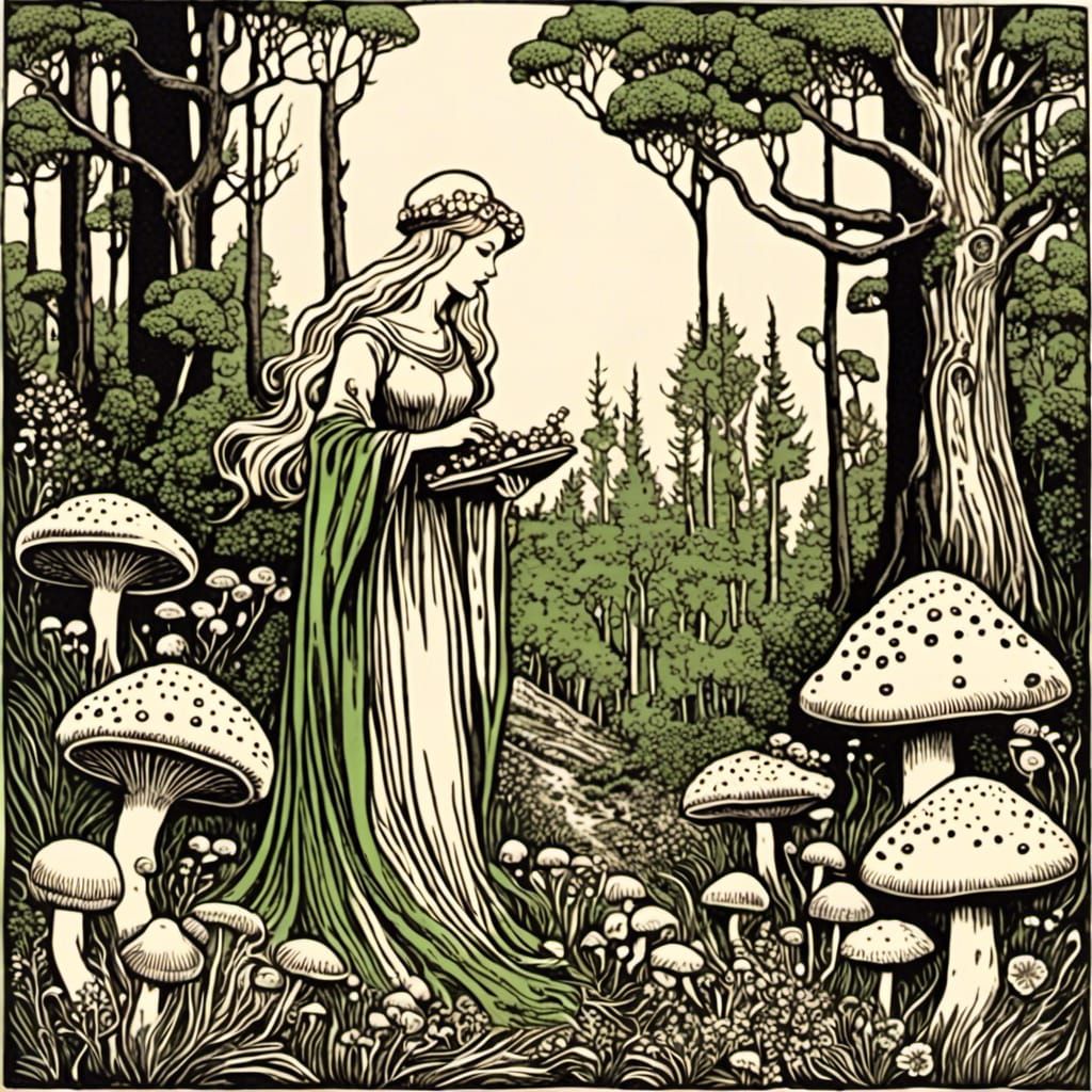 Druid Gathering Herbs: Medieval Woodcut Style