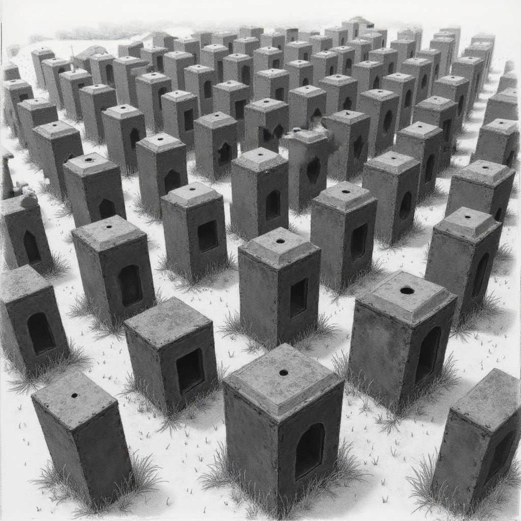 Hexagonal Steel Tombstones in a Pencil Sketch