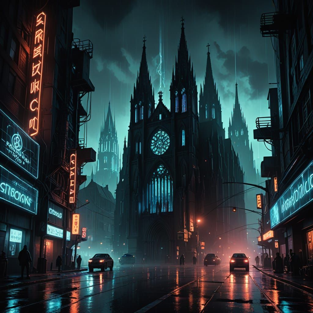 Cyberpunk Cathedral in a Neon Metropolis
