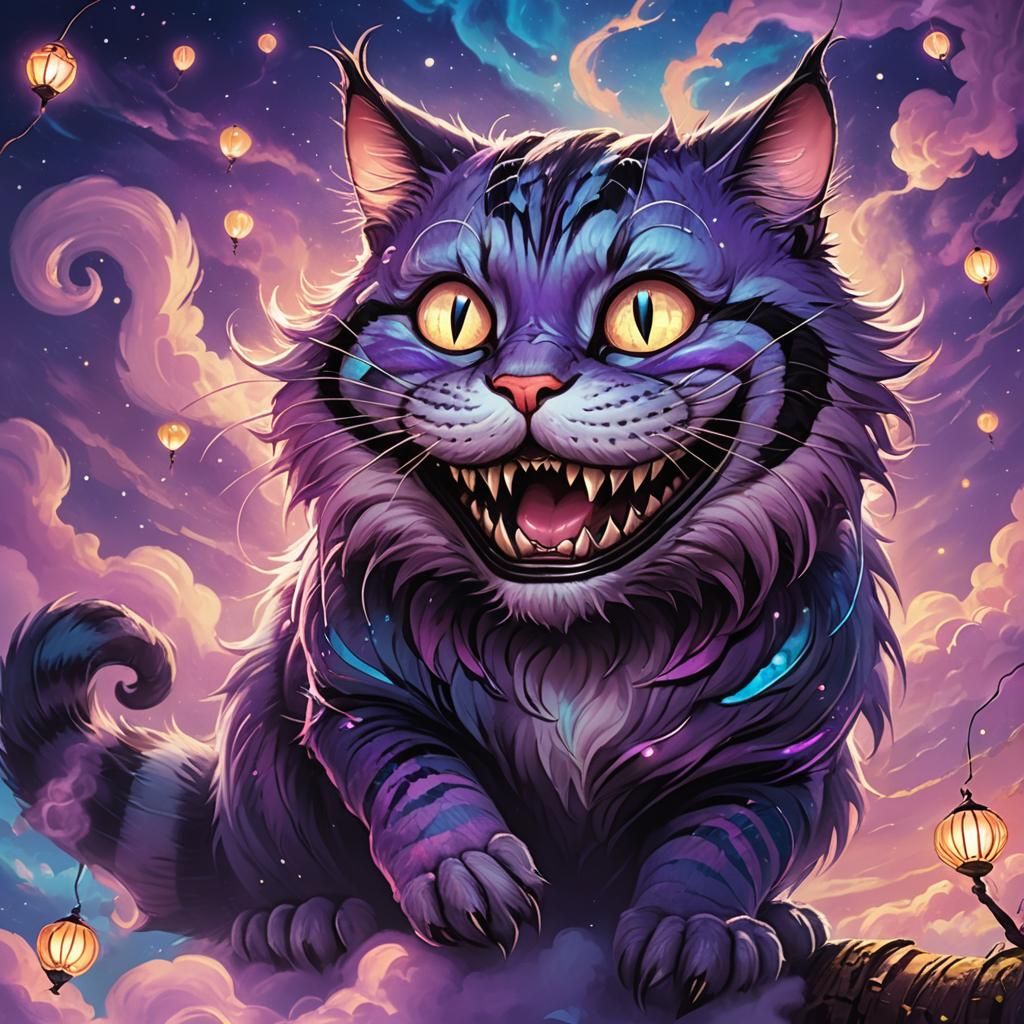 Cheshire Cat Grin in Glowing Purple Sky: Concept Art