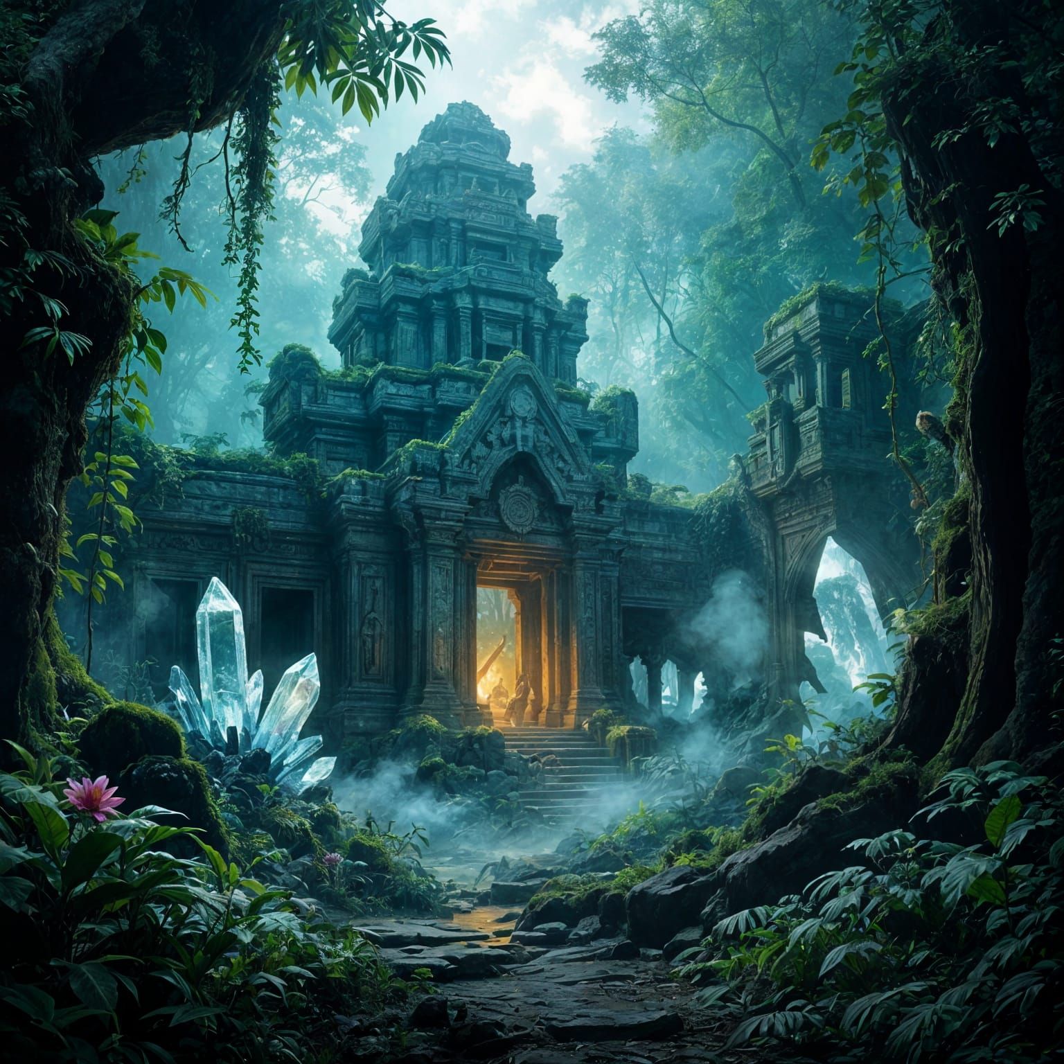 Alien Jungle Temple with Bioluminescent Flora and Crystal St...